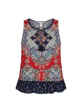 Bila Womens Boho Paisley Sleeveless Tunic Tank Top Red Blue Ruffle Hem Size XL